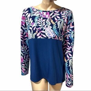 Lilly Pulitzer Navy and Pink Leaf Print Long Sleeve Top